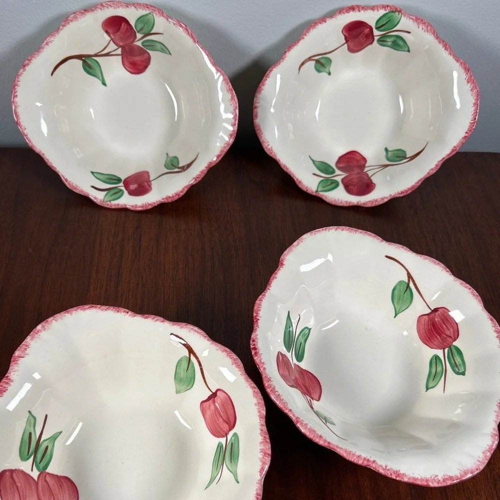 Blue Ridge Southern Potteries Red Apple Scalloped Bowls Hand Painted Set of 4